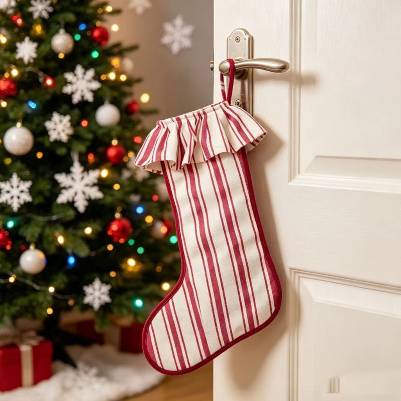 Christmas Stocking Hanging - Weihnachtsstrumpf, Sackleinen, strukturiertes Oberteil, Rüschen-Aufhängeschlaufe für